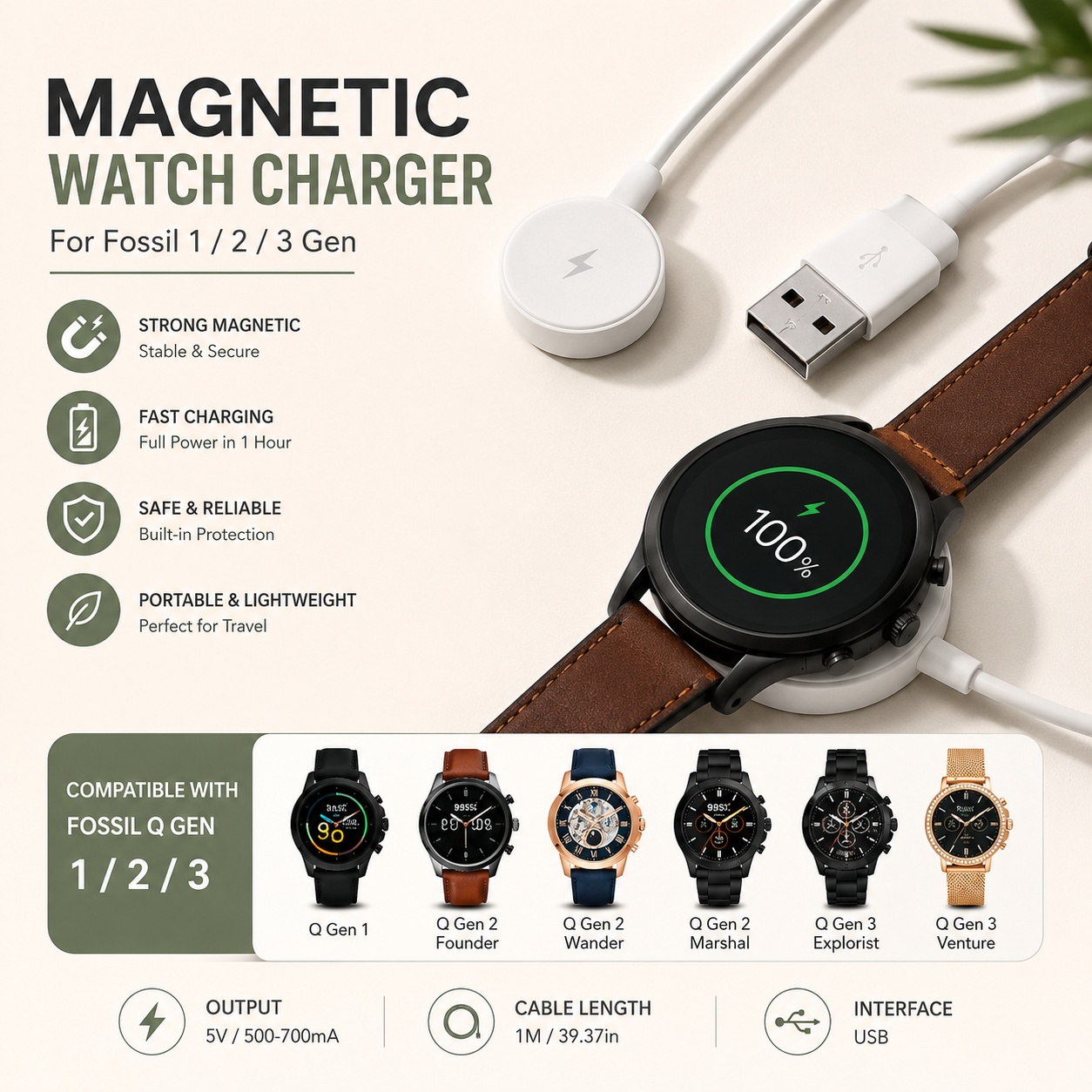 Fossil Watches Smartwatch Charger - Adaptador de cargador de reloj USB,