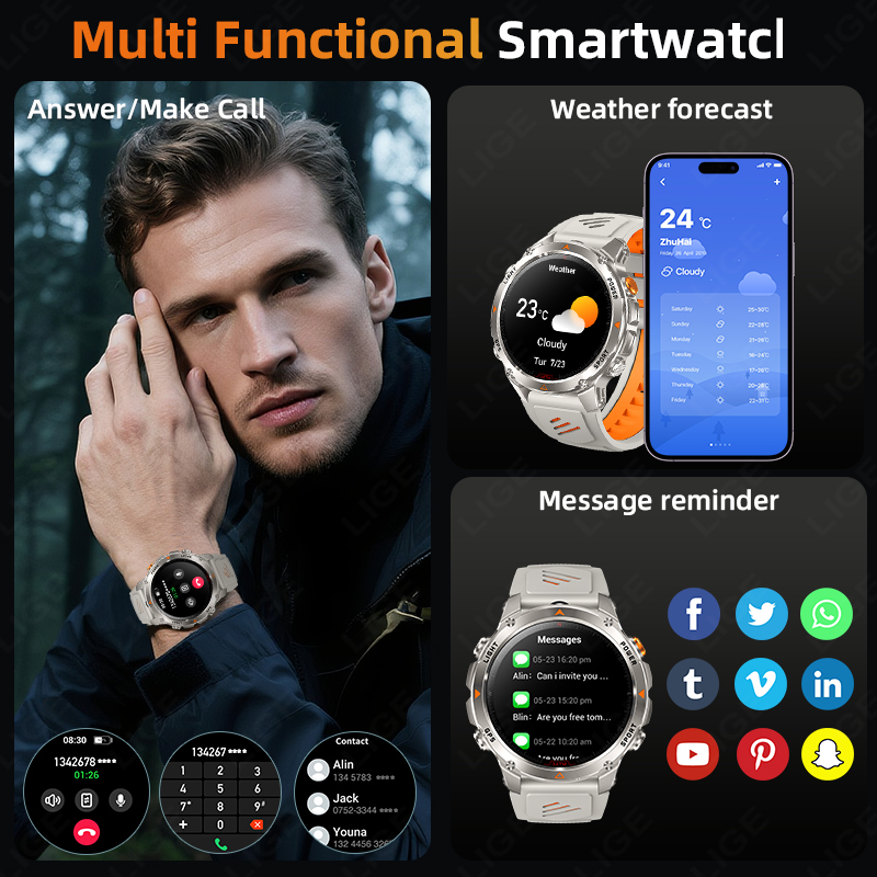 LIGE-reloj inteligente con seg - Smartwatch Watches For Men With Gps reseña y precio